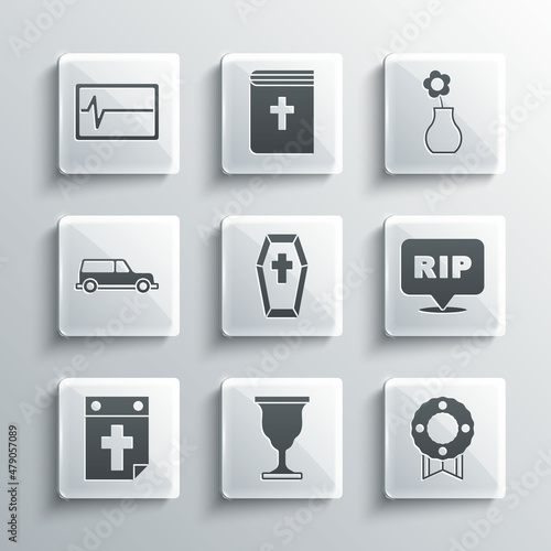 Set Christian chalice, Memorial wreath, Speech bubble rip death, Coffin with cross, Calendar, Hearse car, Beat dead monitor and Flower vase icon. Vector