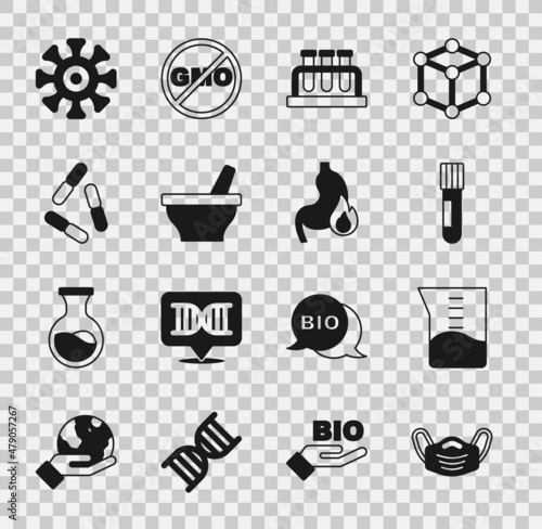 Set Medical protective mask, Laboratory glassware or beaker, Test tube and flask, Mortar pestle, Virus, Bacteria and Stomach heartburn icon. Vector