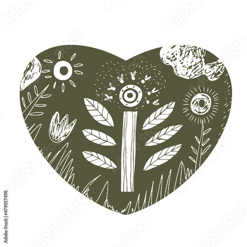 Decorative abstract heart in the Scandinavian hugge, hygge style, with nature elements, suitable for decorating designs for Valentine's Day, Christmas, birthday, wedding, declaration of love.