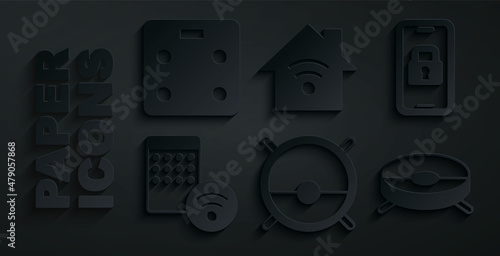 Set Robot vacuum cleaner, Digital door lock, Air humidifier, Smart home with wi-fi and bathroom scales icon. Vector