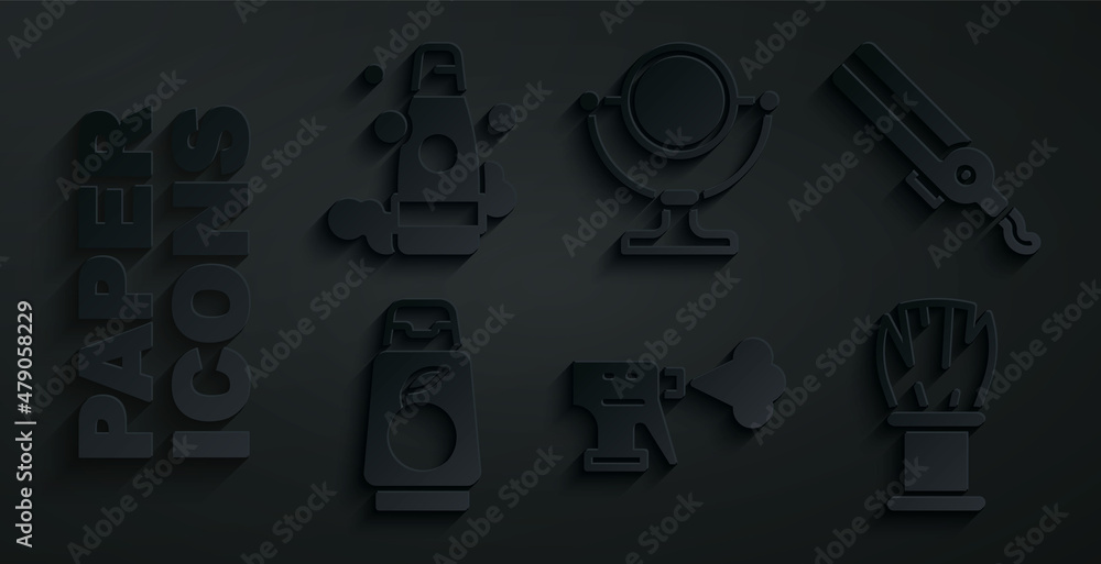 Set Hairdresser pistol spray bottle, Curling iron, Bottle of shampoo, Shaving brush, Round makeup mirror and icon. Vector Set Hairdresser pistol spray bottle, Curling iron, Bottle of shampoo, Shaving brush, Round makeup mirror and icon. Vector