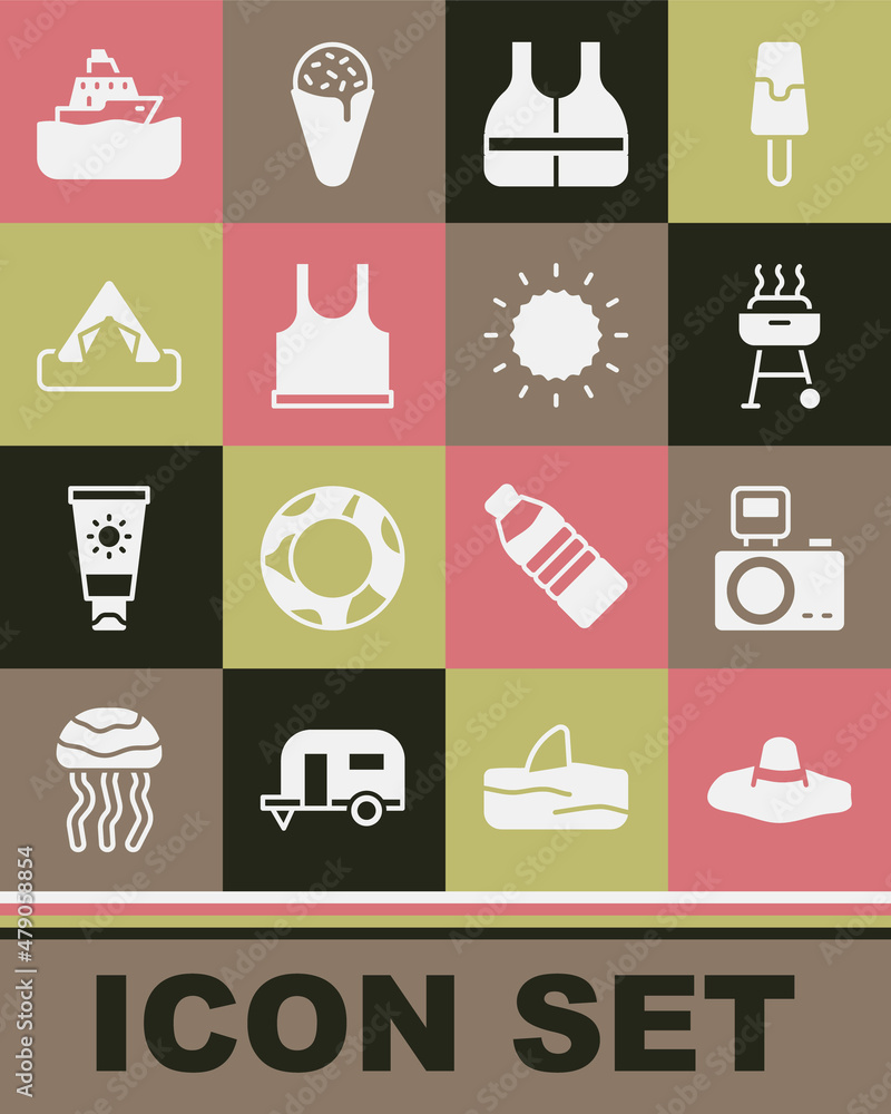 Set Elegant women hat, Photo camera with flash, Barbecue grill, Life jacket, Sleeveless T-shirt, Tourist tent, Cruise ship and Sun icon. Vector Set Elegant women hat, Photo camera with flash, Barbecue grill, Life jacket, Sleeveless T-shirt, Tourist tent, Cruise ship and Sun icon. Vector