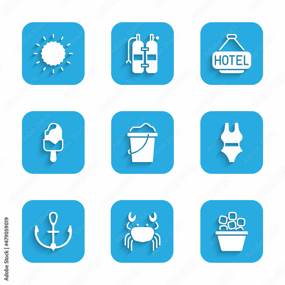 Set Sand in bucket, Crab, Ice, Swimsuit, Anchor, cream, Signboard with text Hotel and Sun icon. Vector Set Sand in bucket, Crab, Ice, Swimsuit, Anchor, cream, Signboard with text Hotel and Sun icon. Vector