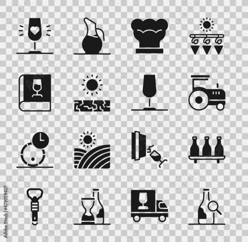 Set Bottle of wine, Tractor, Chef hat, Drought, Book about, Wine glass and icon. Vector