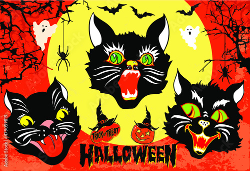 Halloween set of 3 angry black cat head masks on full moon and orange sky background with spooky branches, bats, pumpkin and ghosts. Vintage style hand drawn vector illustration.