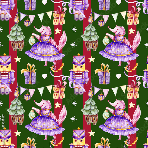 watercolor hand drawn cartoon festive fox, nutcracker, christmas tree, garlands, purple-pink boxes on green, red background for packaging, textiles, digital paper