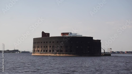 Copy of Fort Boyard. Fort Alexander I , or Plague Fort . Footage. Kronstadt, St. Petersburg. Old military fortress island in the middle of the sea