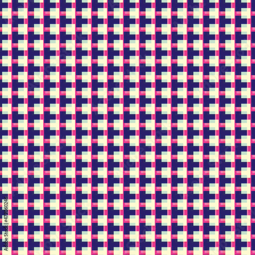 Retro abstract grid mosaic vector seamless pattern. Blended abstract geo weave background. Retro 1960s style. Tiled dense color block geometric 3d effect design. Red blue faux waffle woven effect