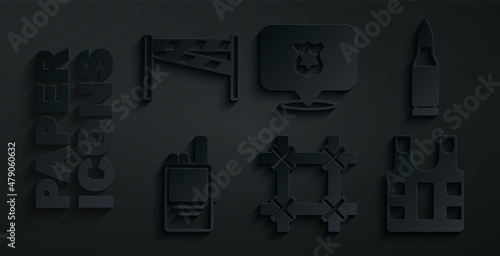 Set Prison window, Bullet, Walkie talkie, Bulletproof vest, Police badge and Crime scene icon. Vector