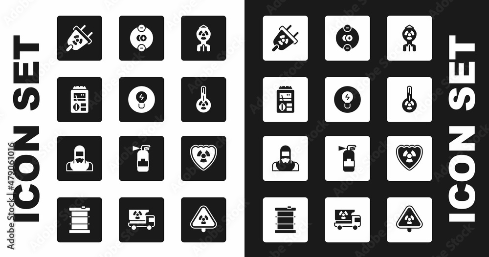 Set Nuclear bomb, Light bulb with concept of idea, Dosimeter, Radiation electrical plug, Meteorology thermometer, Atom, Radioactive in shield and reactor worker icon. Vector Set Nuclear bomb, Light bulb with concept of idea, Dosimeter, Radiation electrical plug, Meteorology thermometer, Atom, Radioactive in shield and reactor worker icon. Vector