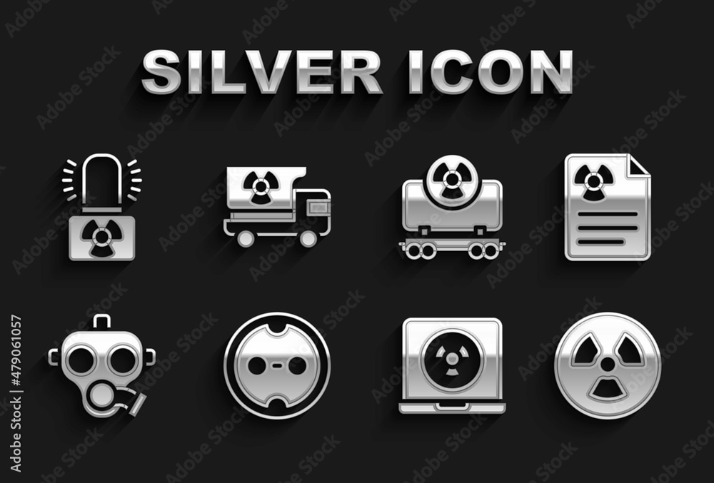 Set Electrical outlet, Radiation warning document, Radioactive, Nuclear laptop, Gas mask, cargo train, lamp and Truck with radiation materials icon. Vector Set Electrical outlet, Radiation warning document, Radioactive, Nuclear laptop, Gas mask, cargo train, lamp and Truck with radiation materials icon. Vector