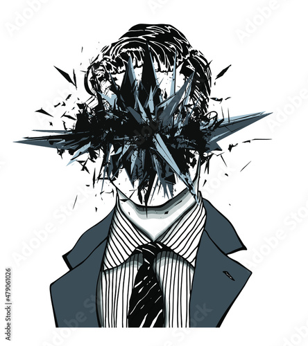 Hand drawn portrait of a strange handsome man with anonymous face exploding in thousand particles. Isolated vector concept head illustration in modern and surreal tattoo art. 