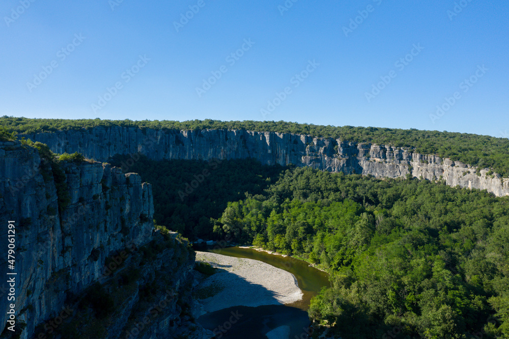 The forests and the river in the middle of the Gorges de lArdeche in Europe, France, Ardeche, in summer, on a sunny day.