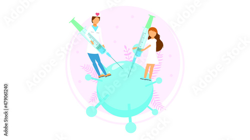 Abstract Flat Medic Woman And Man Exterminate The Virus With Syringe Cartoon People Character Concept Illustration Vector Design Style Coronavirus COVID-19 Mass Vaccination Healthcare Epidemic