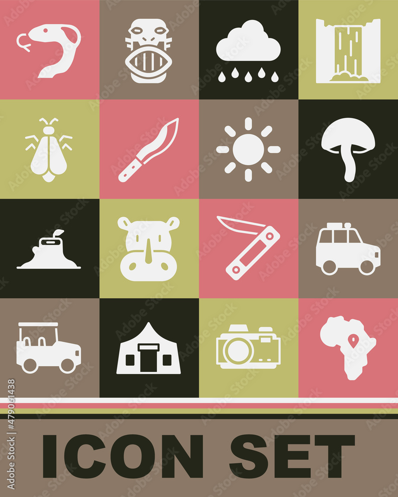 Set Map of Africa, Car, Mushroom, Cloud with rain, Machete, Mosquito, Snake and Sun icon. Vector Set Map of Africa, Car, Mushroom, Cloud with rain, Machete, Mosquito, Snake and Sun icon. Vector