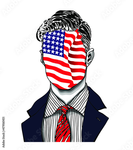 Hand drawn portrait of a strange handsome man with anonymous face with stars and stripes head in modern and surreal tattoo art. Isolated vector illustration.