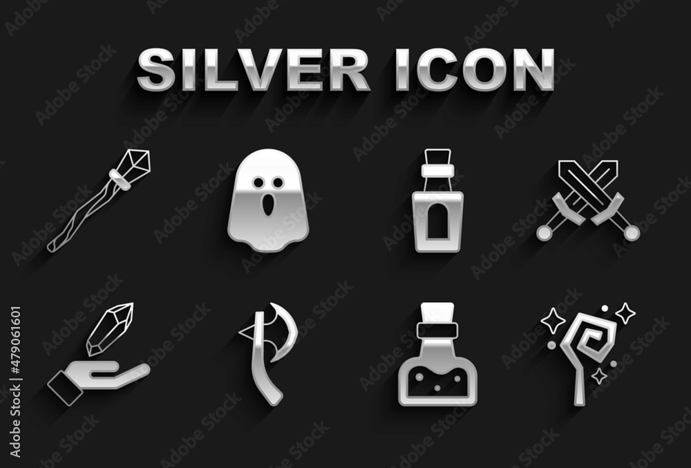 Set Wooden axe, Crossed medieval sword, Magic staff, Bottle with potion, stone, and Ghost icon. Vector Set Wooden axe, Crossed medieval sword, Magic staff, Bottle with potion, stone, and Ghost icon. Vector