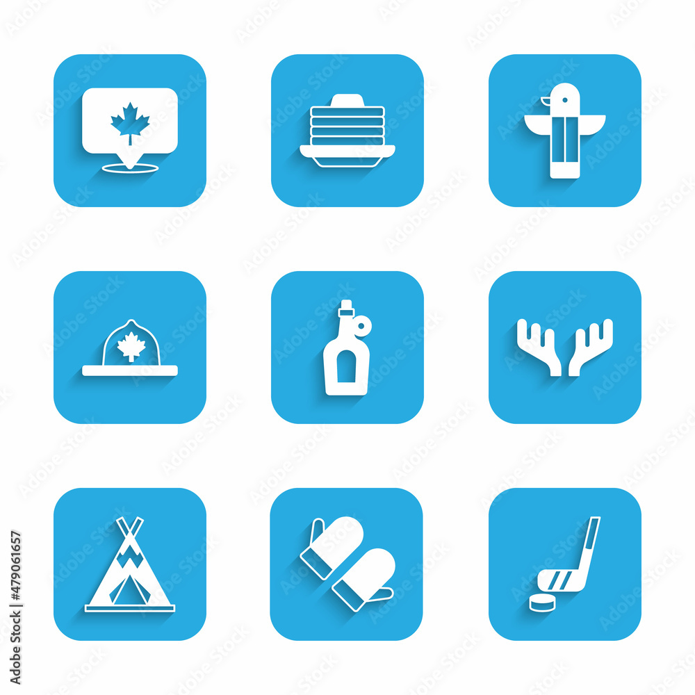 Set Bottle of maple syrup, Christmas mitten, Ice hockey stick and puck, Deer antlers, Indian teepee or wigwam, Canadian ranger hat, totem pole and leaf icon. Vector Set Bottle of maple syrup, Christmas mitten, Ice hockey stick and puck, Deer antlers, Indian teepee or wigwam, Canadian ranger hat, totem pole and leaf icon. Vector