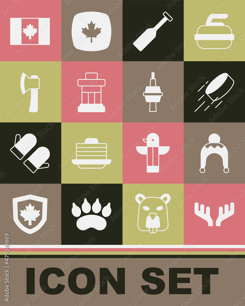 Set Deer antlers, Winter hat, Hockey puck, Paddle, Inukshuk, Wooden axe, Flag of Canada and TV CN Tower Toronto icon. Vector Set Deer antlers, Winter hat, Hockey puck, Paddle, Inukshuk, Wooden axe, Flag of Canada and TV CN Tower Toronto icon. Vector