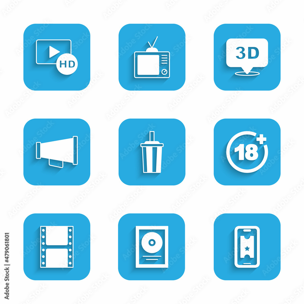 Set Paper glass with water, CD disk award in frame, Buy cinema ticket online, Plus 18 movie, Play video, Megaphone, 3D word and Hd tape, icon. Vector Set Paper glass with water, CD disk award in frame, Buy cinema ticket online, Plus 18 movie, Play video, Megaphone, 3D word and Hd tape, icon. Vector