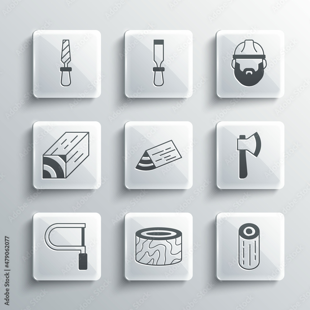 Set Tree stump, Wooden logs, axe, beam, Hacksaw, Rasp metal file and Lumberjack icon. Vector