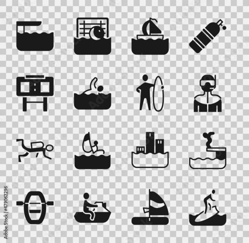 Set Surfboard, Swimmer diving into pool, Wetsuit for scuba, Yacht sailboat, Sport mechanical scoreboard, Diving springboard and icon. Vector