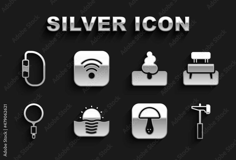 Set Sunrise, Bench, Hammer, Mushroom, Magnifying glass, Tree, Carabiner and Wi-Fi wireless internet icon. Vector Set Sunrise, Bench, Hammer, Mushroom, Magnifying glass, Tree, Carabiner and Wi-Fi wireless internet icon. Vector