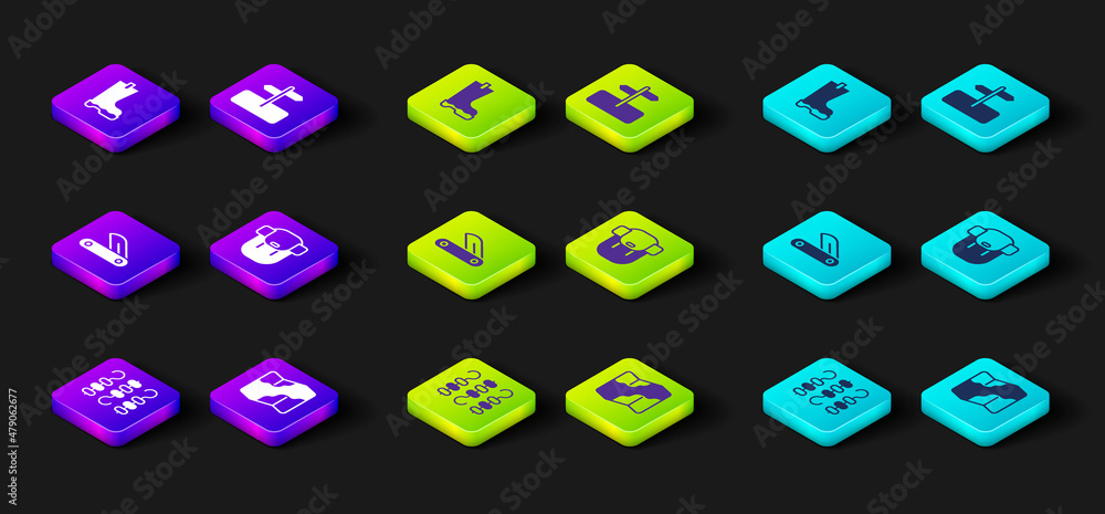 Set Grilled shish kebab on skewer, Camping and hiking map, Swiss army knife, Hiking backpack, Road traffic sign and Waterproof rubber boot icon. Vector Set Grilled shish kebab on skewer, Camping and hiking map, Swiss army knife, Hiking backpack, Road traffic sign and Waterproof rubber boot icon. Vector