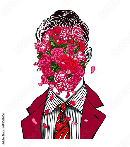 Hand drawn portrait of a strange handsome man with anonymous face full of red, pink and white roses, green leaves and petals. Head in modern surreal tattoo art. Isolated concept vector illustration.