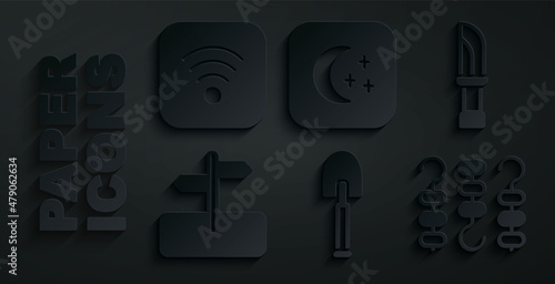 Set Shovel, Knife, Road traffic sign, Grilled shish kebab on skewer, Moon and stars and Wi-Fi wireless internet icon. Vector