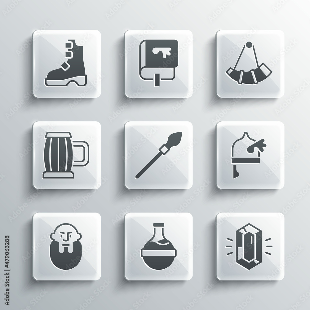 Set Bottle with potion, Gem stone, Viking in horned helmet, Medieval spear, head, Wooden beer mug, Ancient viking boots and Hunting icon. Vector Set Bottle with potion, Gem stone, Viking in horned helmet, Medieval spear, head, Wooden beer mug, Ancient viking boots and Hunting icon. Vector