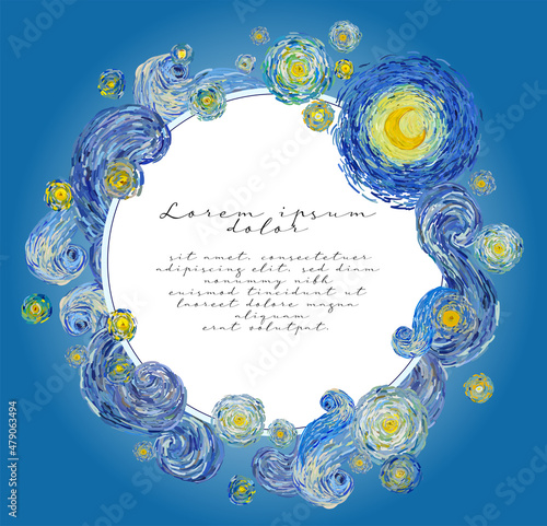 Round shape greeting card of glowing yellow moon on a starry sky with central blank space for wishes. Vector illustration template in the style of impressionist paintings.
