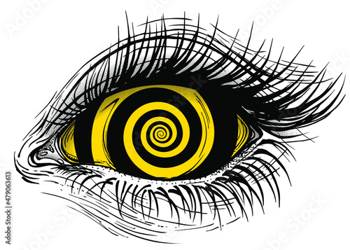 Isolated vector illustration of realistic female eye with yellow spiral hypnotic iris.