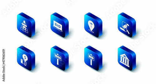 Set Online auction, Auction hammer, Museum building, Hand holding paddle, and auctioneer sells icon. Vector