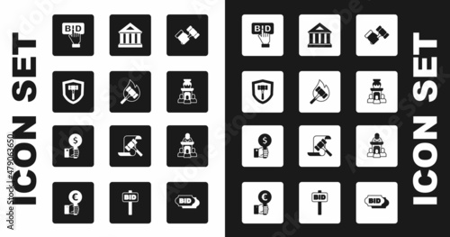 Set Auction hammer, Bid, ancient vase, Museum building, auctioneer sells and Hand holding paddle icon. Vector