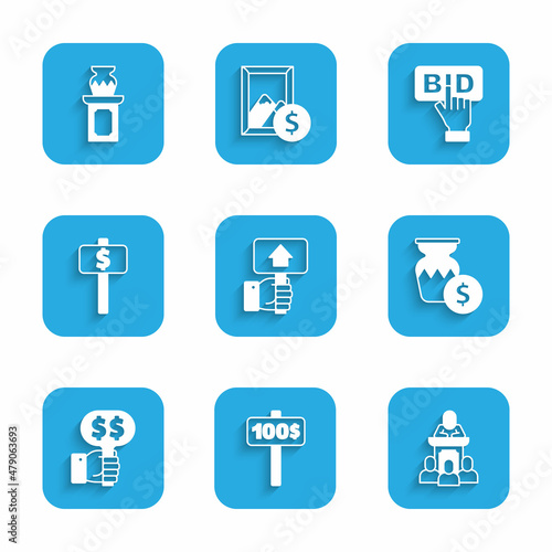 Set Hand holding auction paddle, Auction auctioneer sells, ancient vase, Bid and icon. Vector