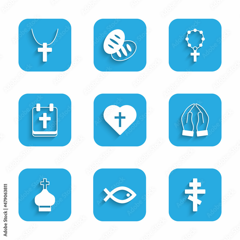 Set Christian cross in heart, fish symbol, Hands praying position, church tower, Calendar with Easter, Rosary beads religion and chain icon. Vector Set Christian cross in heart, fish symbol, Hands praying position, church tower, Calendar with Easter, Rosary beads religion and chain icon. Vector