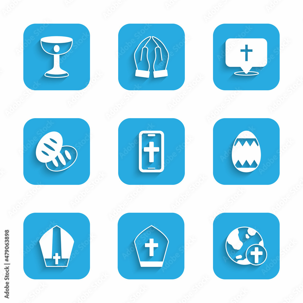 Set Christian cross on phone, Pope hat, with globe, Easter egg, bread, Location church building and chalice icon. Vector Set Christian cross on phone, Pope hat, with globe, Easter egg, bread, Location church building and chalice icon. Vector