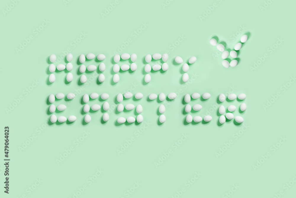 Happy Easter postcard/sign made from white eggs on various backgrounds, ideal for designing cool greeting card 