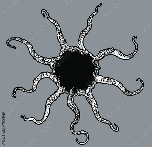 Hand drawn black and white outline octopus tentacles in a round shape isolated on grey background.