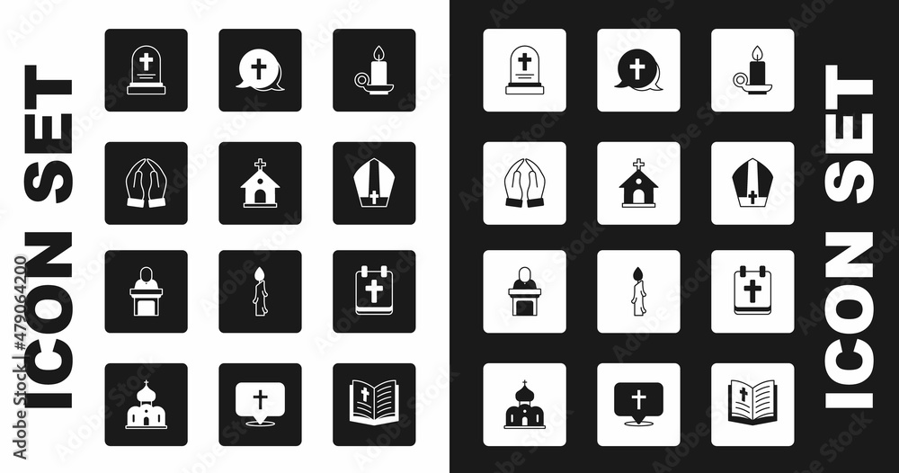Set Burning candle in candlestick, Church building, Hands praying position, Grave with tombstone, Pope hat, Christian cross, Calendar Easter and pastor preaching icon. Vector Set Burning candle in candlestick, Church building, Hands praying position, Grave with tombstone, Pope hat, Christian cross, Calendar Easter and pastor preaching icon. Vector