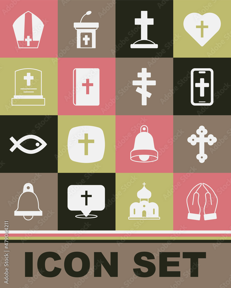 Set Hands in praying position, Christian cross, phone, Grave with, Holy bible book, tombstone, Pope hat and icon. Vector Set Hands in praying position, Christian cross, phone, Grave with, Holy bible book, tombstone, Pope hat and icon. Vector