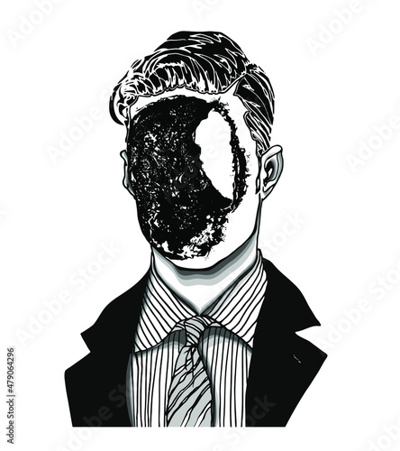 Hand drawn portrait of a strange handsome man with hole face. Head in modern and surreal tattoo art. Isolated vector illustration.