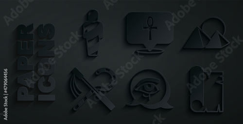 Set Eye of Horus, Egypt pyramids, Crook and flail, Papyrus scroll, Cross ankh and mummy icon. Vector