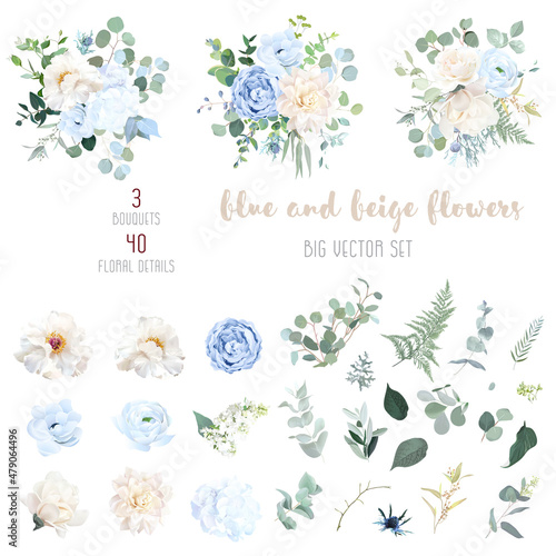 Dusty blue, ivory beige rose, white hydrangea, magnolia, peony, ranunculus, wedding flowers, greenery and eucalyptus