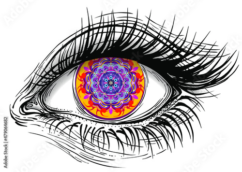 Isolated vector illustration of realistic human eye of a girl with colorful psychedelic mandala iris.