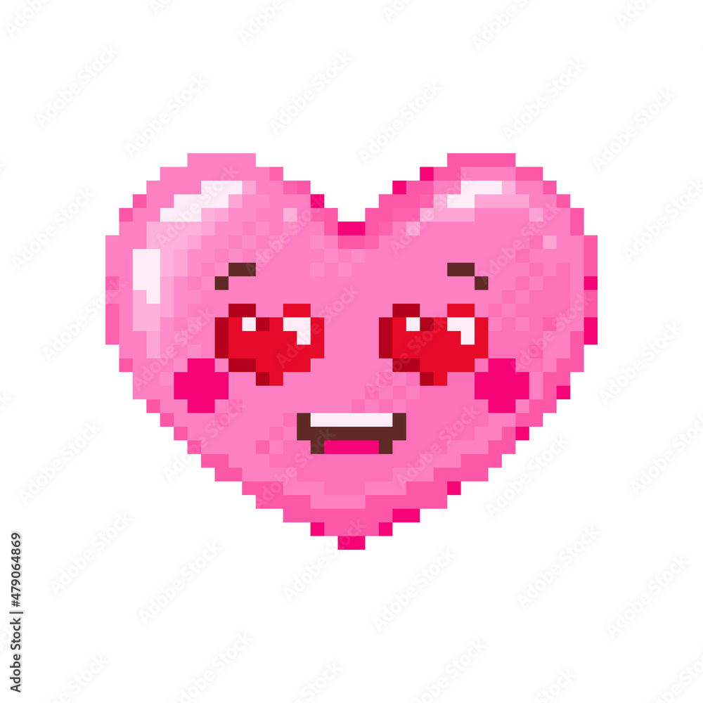 Fototapeta premium Pixel art heart eyes heart emoji. Vintage 8 bit pixel pink fall in love emoticon of sexy adorable face smile. Cute anime kawaii vector icon. Valentine Day romantic heart-shaped design. 