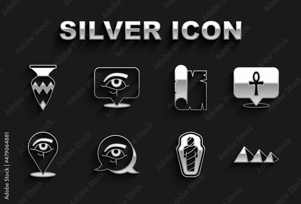 Set Eye of Horus, Cross ankh, Egypt pyramids, mummy in sarcophagus, Papyrus scroll, Egyptian vase and icon. Vector Set Eye of Horus, Cross ankh, Egypt pyramids, mummy in sarcophagus, Papyrus scroll, Egyptian vase and icon. Vector