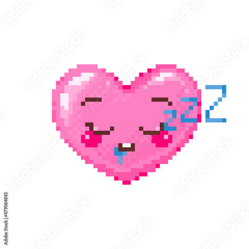 Pixel art closed eye sleep heart emoji. Vintage 8 bit pixel pink emoticon of zzz boredom face smile. Cute anime kawaii vector icon. Valentine Day romantic heart-shaped design.
