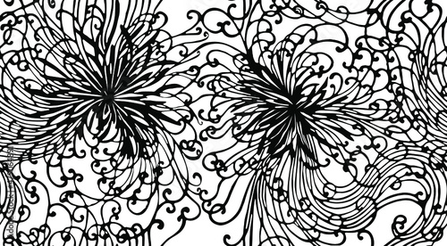 Black and white vector seamless pattern of abstract spider chrysanthemums in minimal traditional Japanese style of textile kimono printing.
